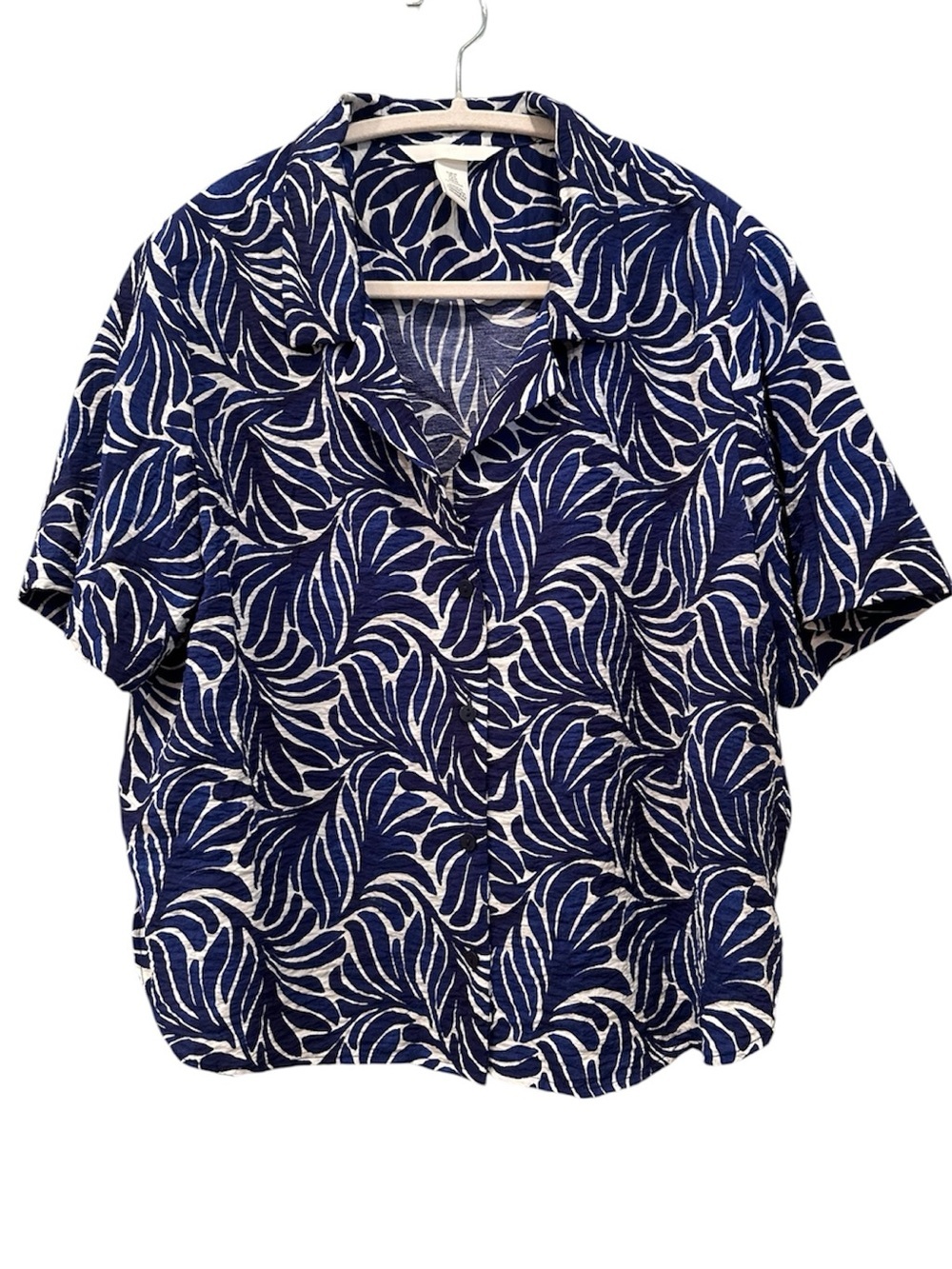 Tropical Print Short Sleeve Button Down Blouse Top Beach Vacation Sz M